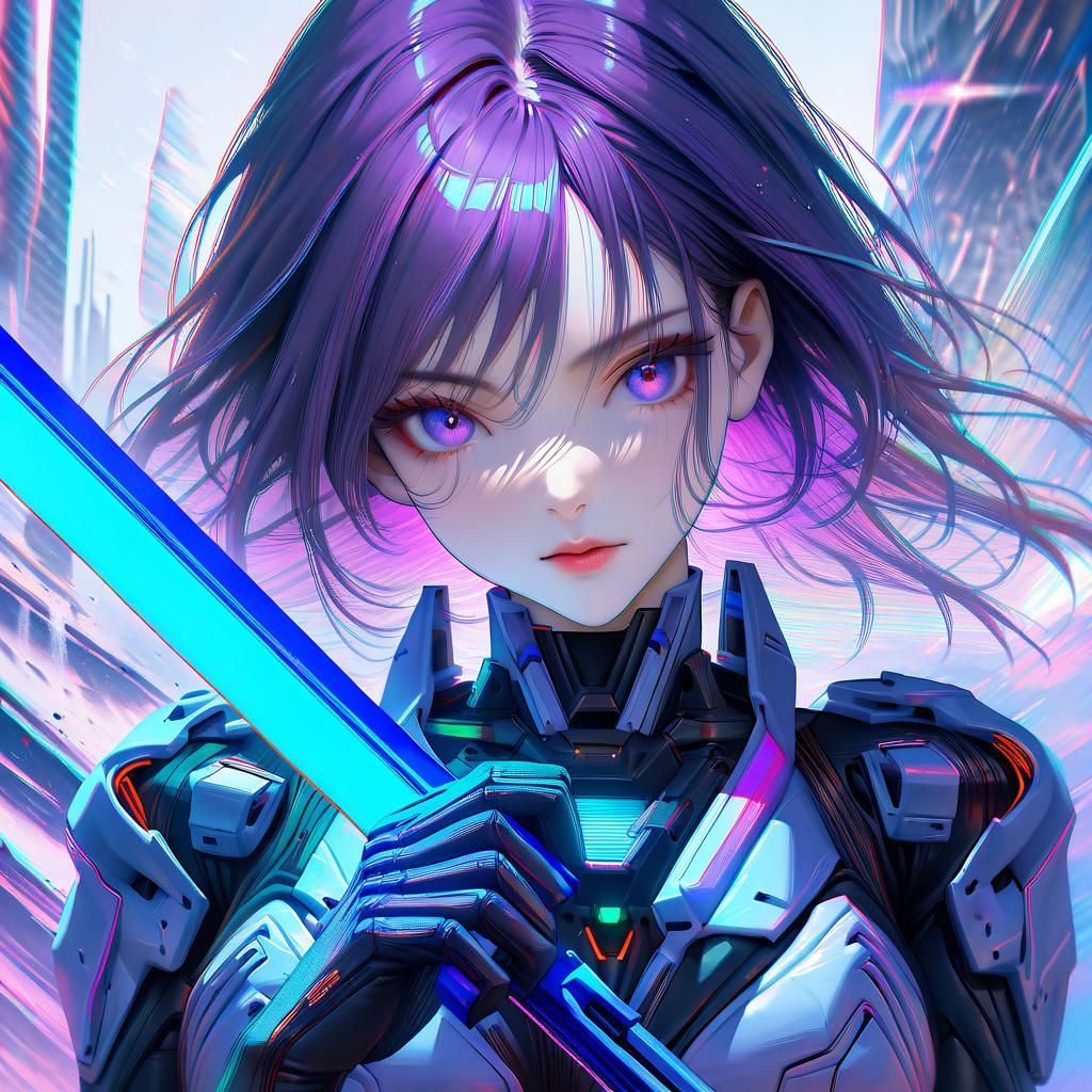 Surreal Anime Goddess Wields Futuristic Lightsaber