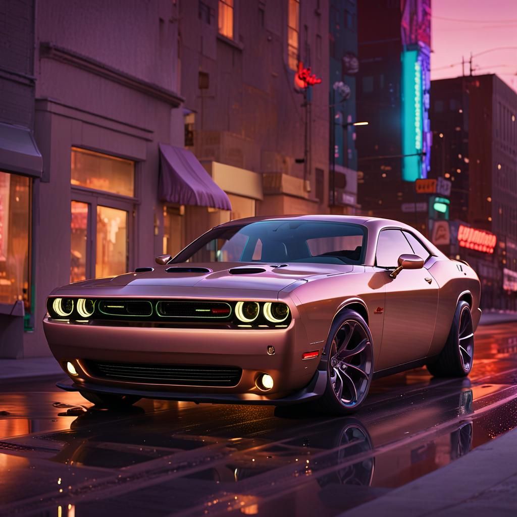 A champagne colored Dodge Challenger