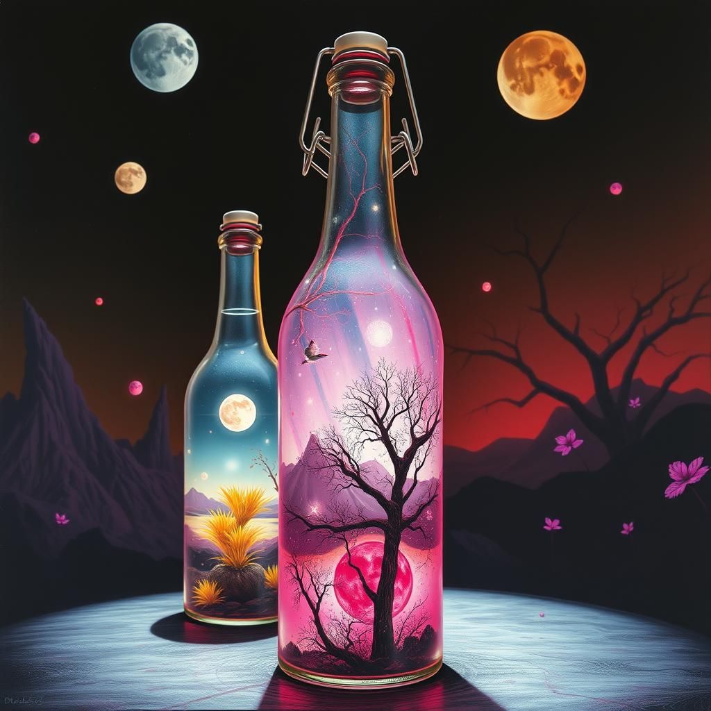 Retro-Futuristic Bottled Memories in Surreal Style