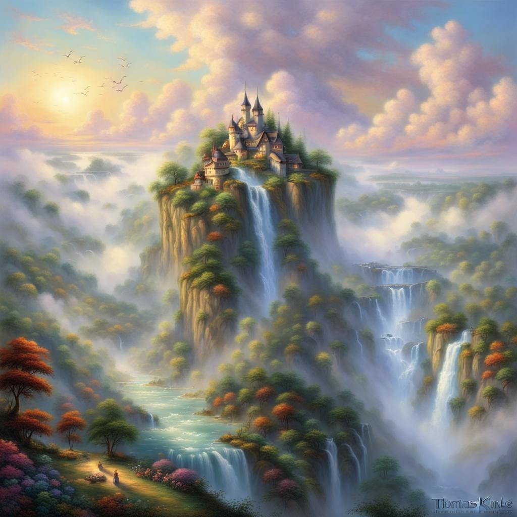Eight Flying Islands with Waterfalls in Ethereal Fantasy