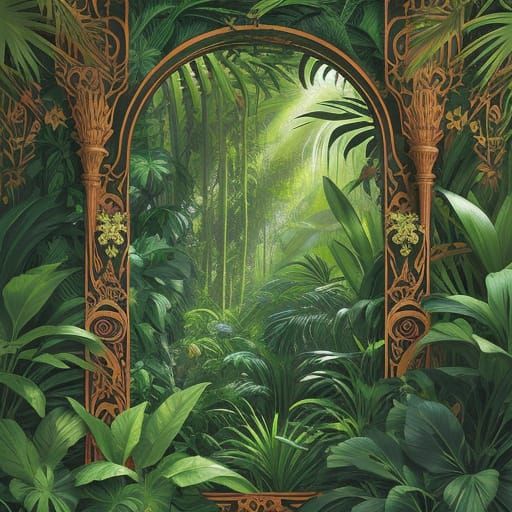 Naiv Brazilian Jungle Scene in Art Nouveau Style