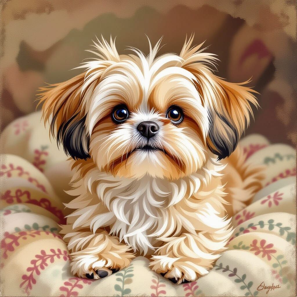 Fluffy Tan Shih Tzu Chihuahua Mix in Whimsical Style