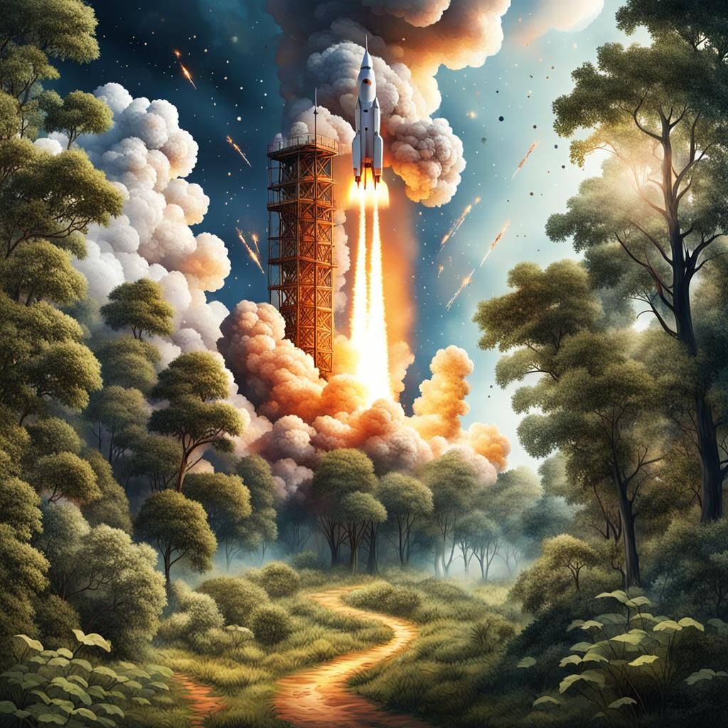 Rocket Launching From Forest Clearing in Pointillism
