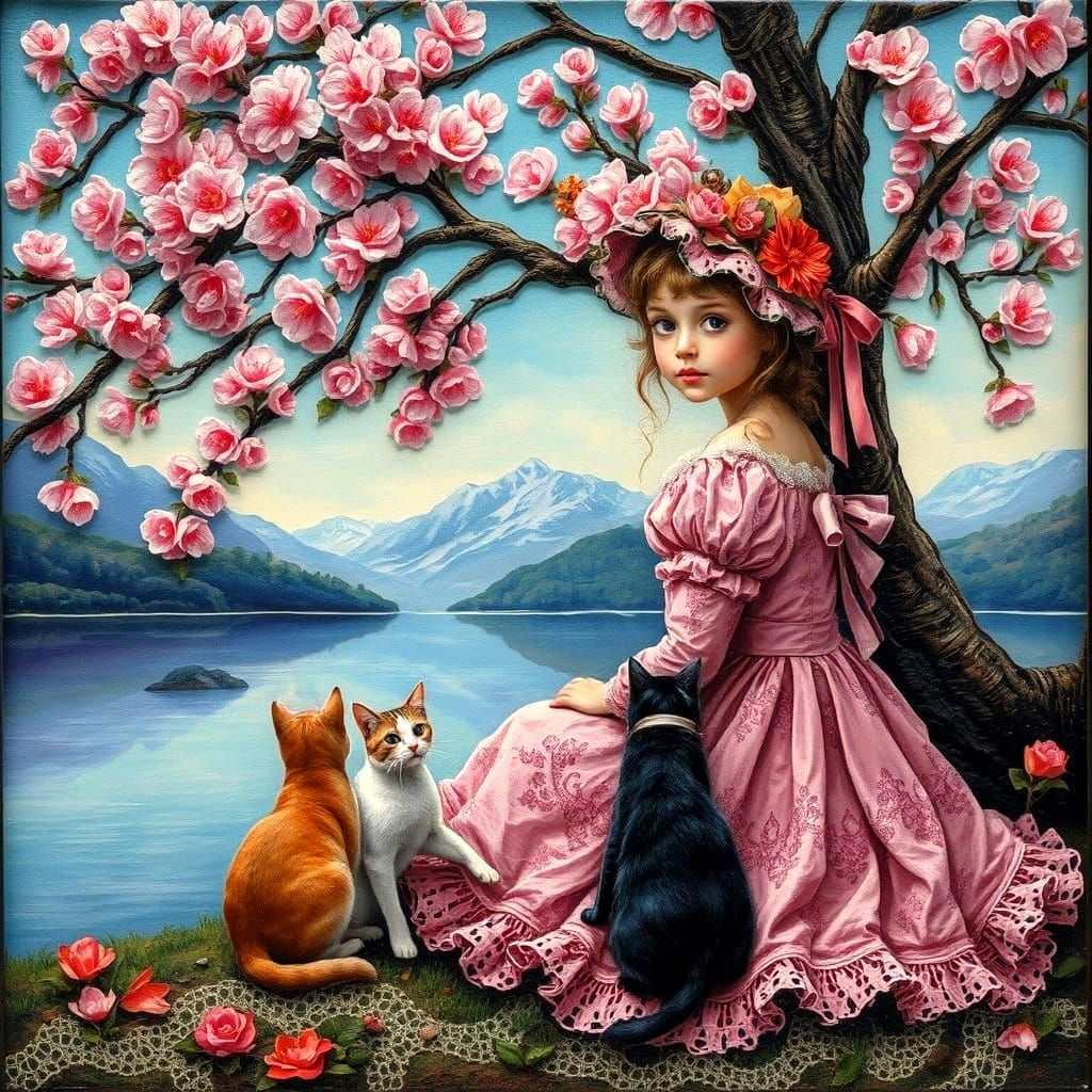 Girl in Whimsical Victorian Wonderland with Cats