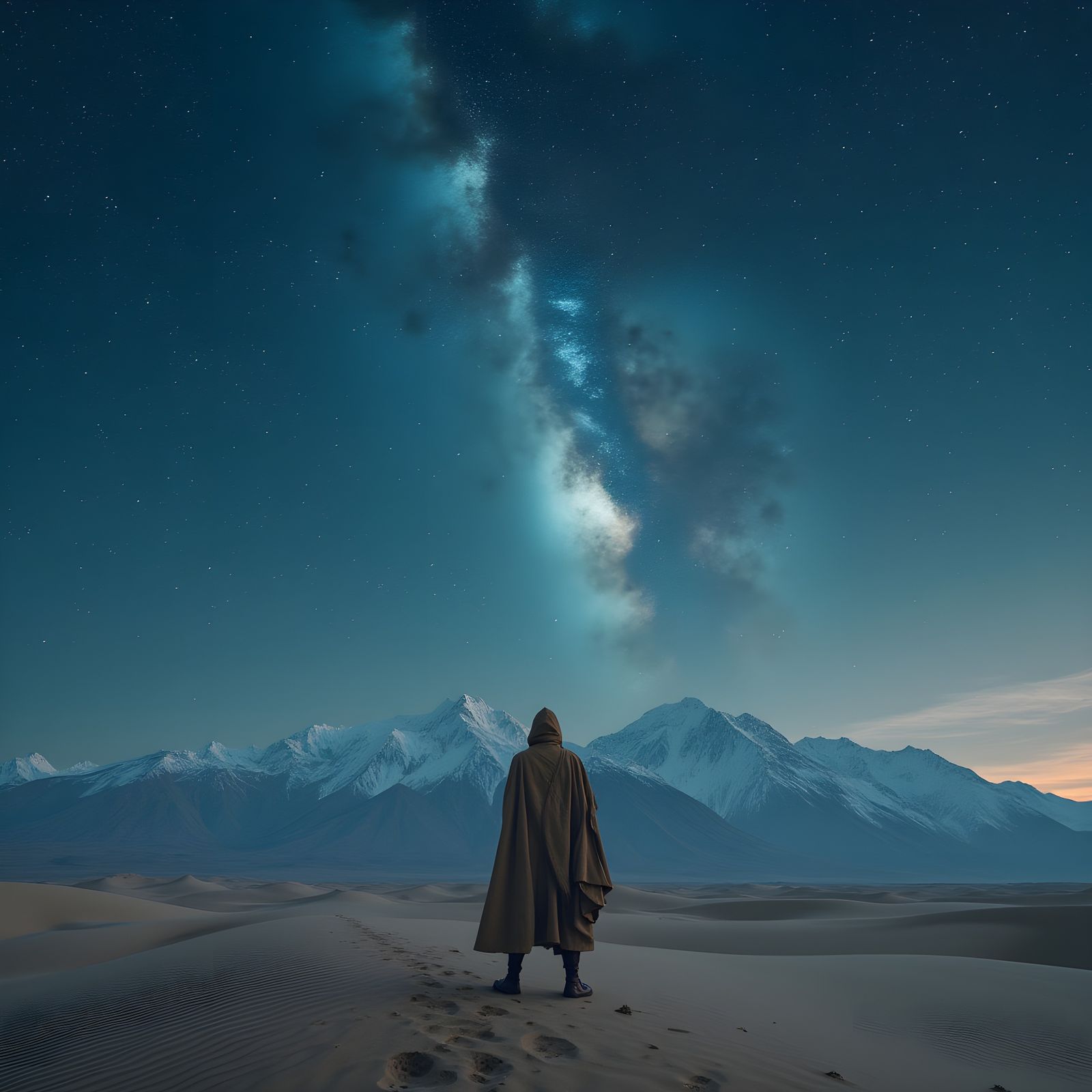 Silhouette Gazing at Milky Way Over Desert Landscape
