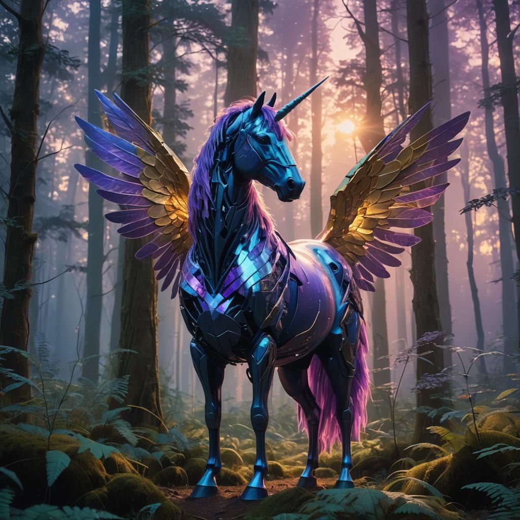 Mythic Unicorn in Lush Forest, Digital Painting