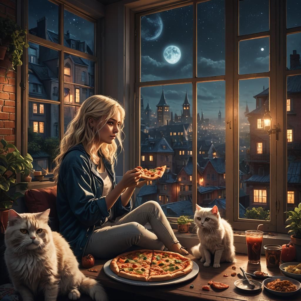 Blonde Woman and Cat Enjoying Pizza at Night