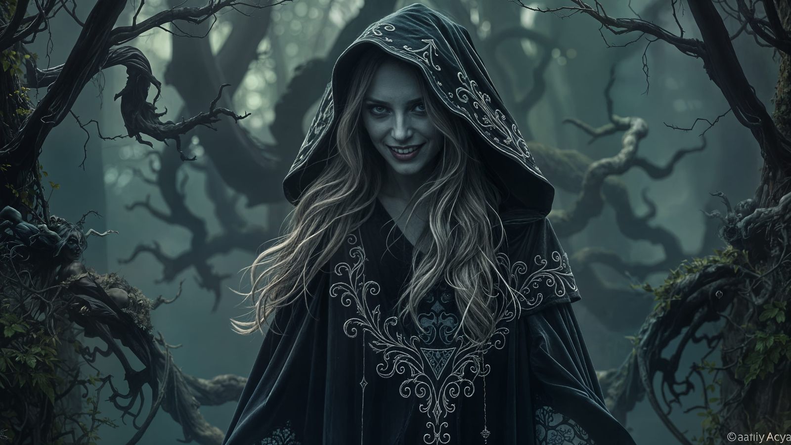 Mystical Dark Fantasy Hag in Velvet Cloak