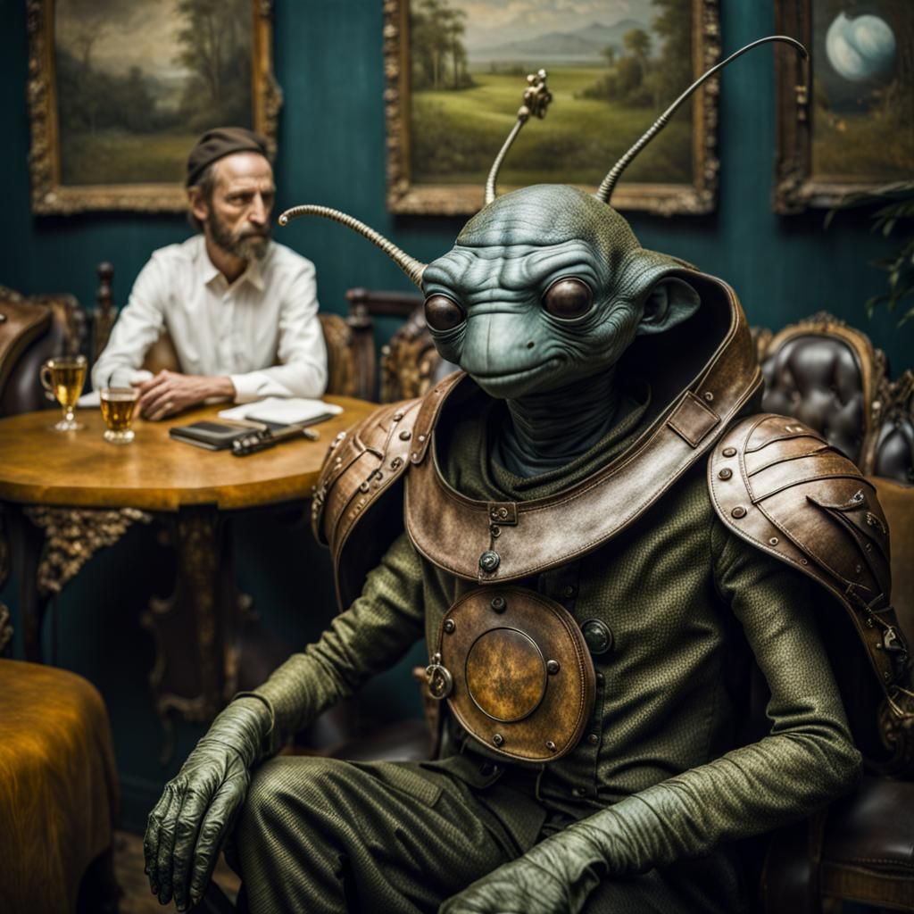 Exotic Alien Celebration in Surreal Restaurant: Digital Art
