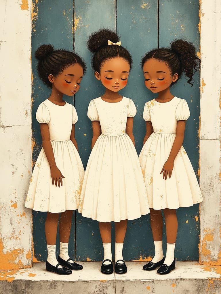 Black Girls in 1950s Watercolor Storybook Scene