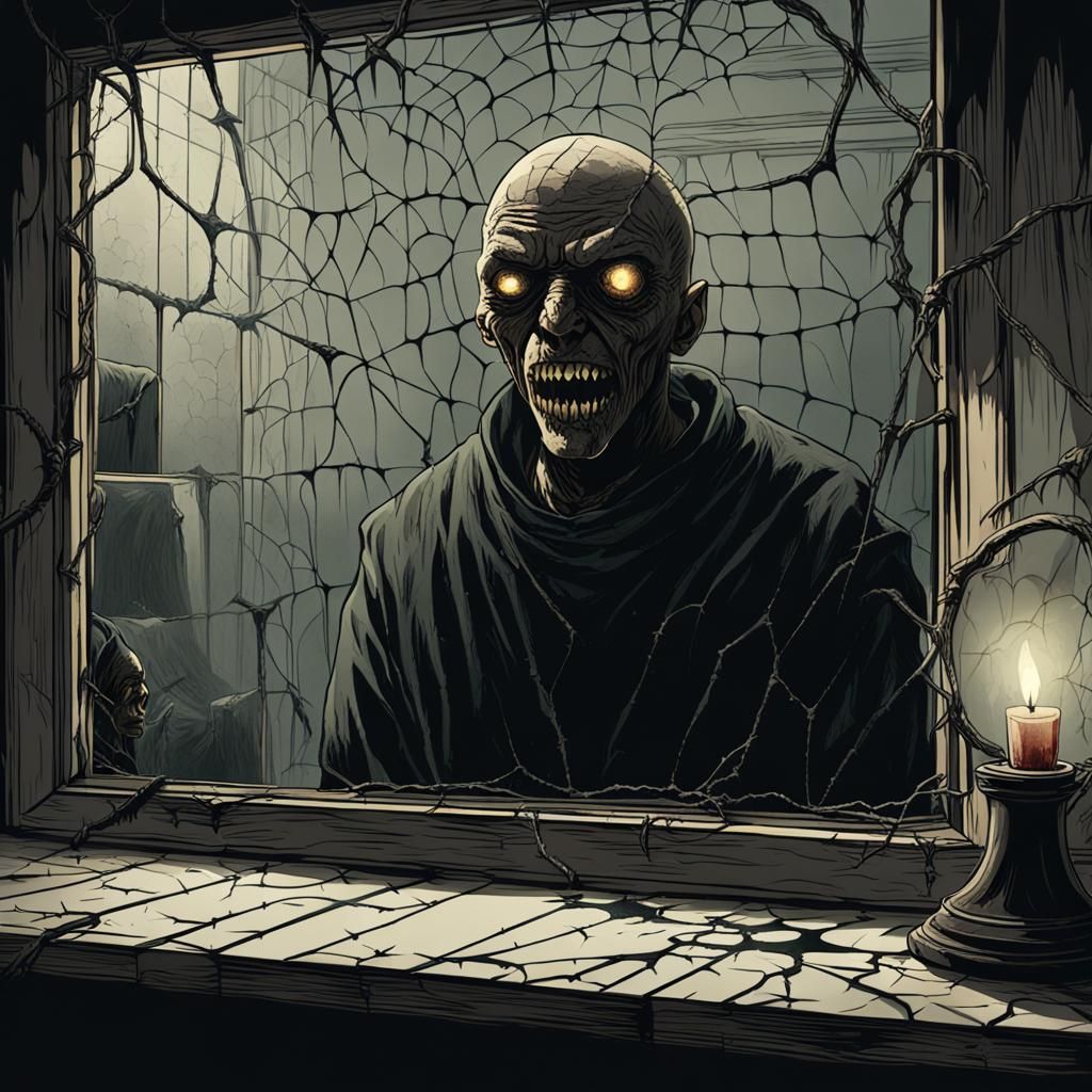 reflection in an old, cracked mirror shows a distorted, nigh...