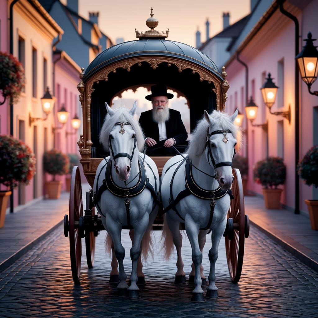 Rebbe of Sanz in Vintage Carriage Pulled by White Horses