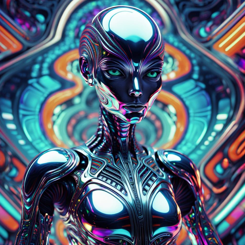 Op Art Alien Woman with Fractal Patterns
