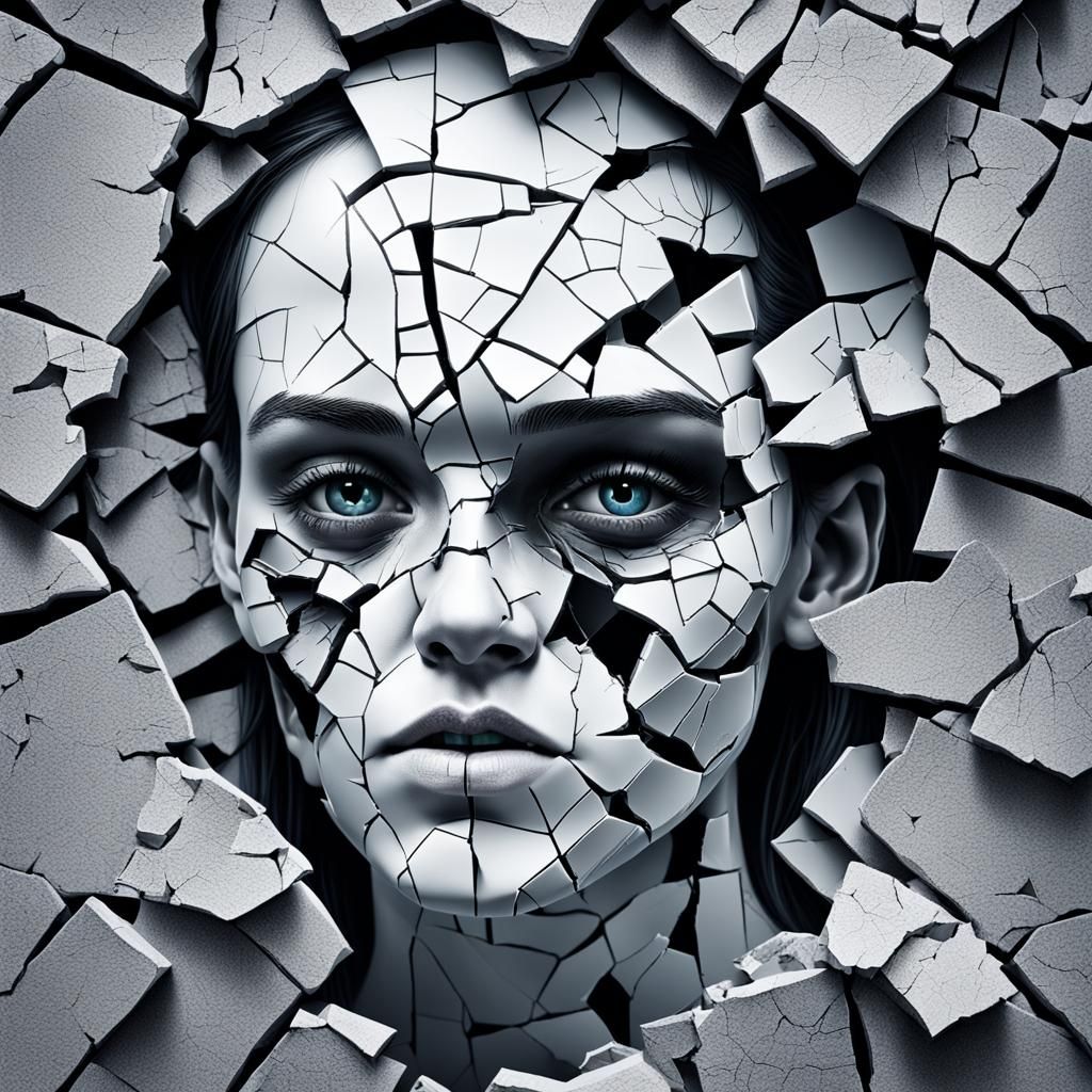 Shattered Face with Cracks and Broken Pieces