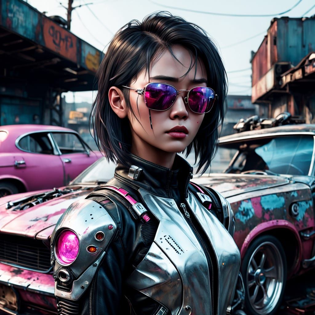 Cyberpunk Goddess Slumped in Dimly Lit Junkyard