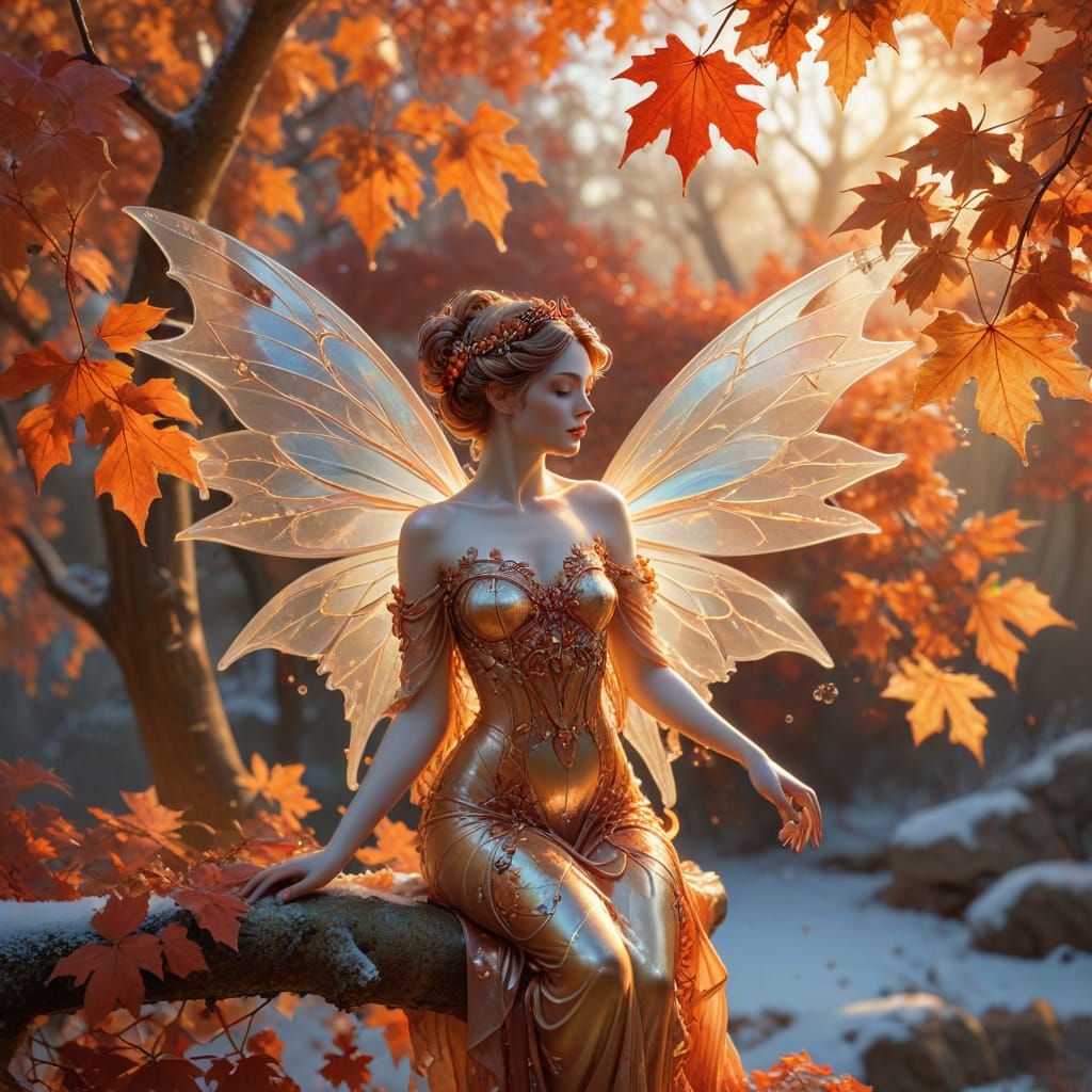 Victorian Fairy on Frosty Autumn Branch at Sunset