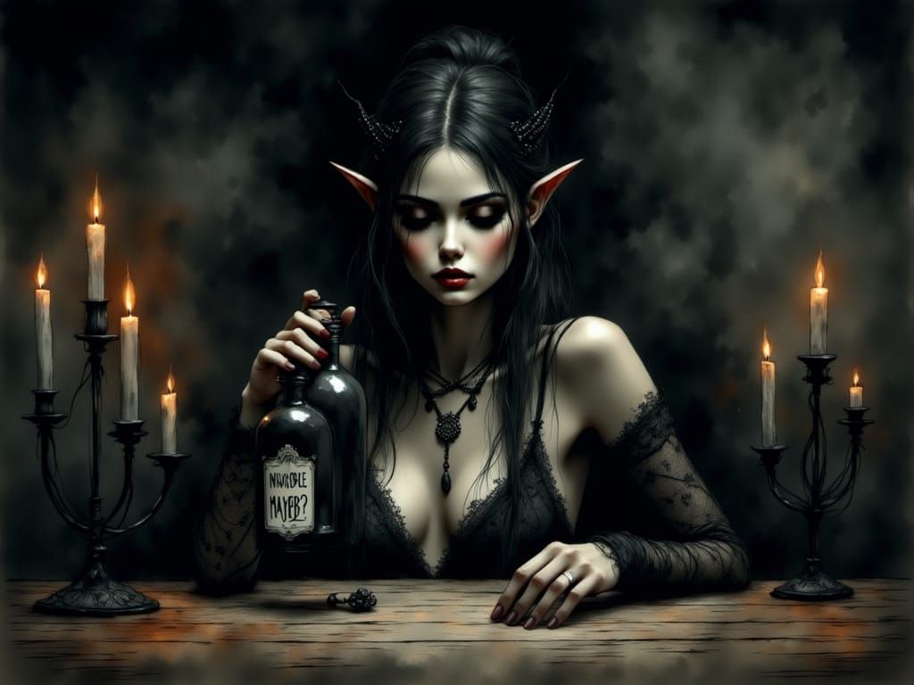 Norse Goddess in Dark Fantasy Scene with Mysterious Potion