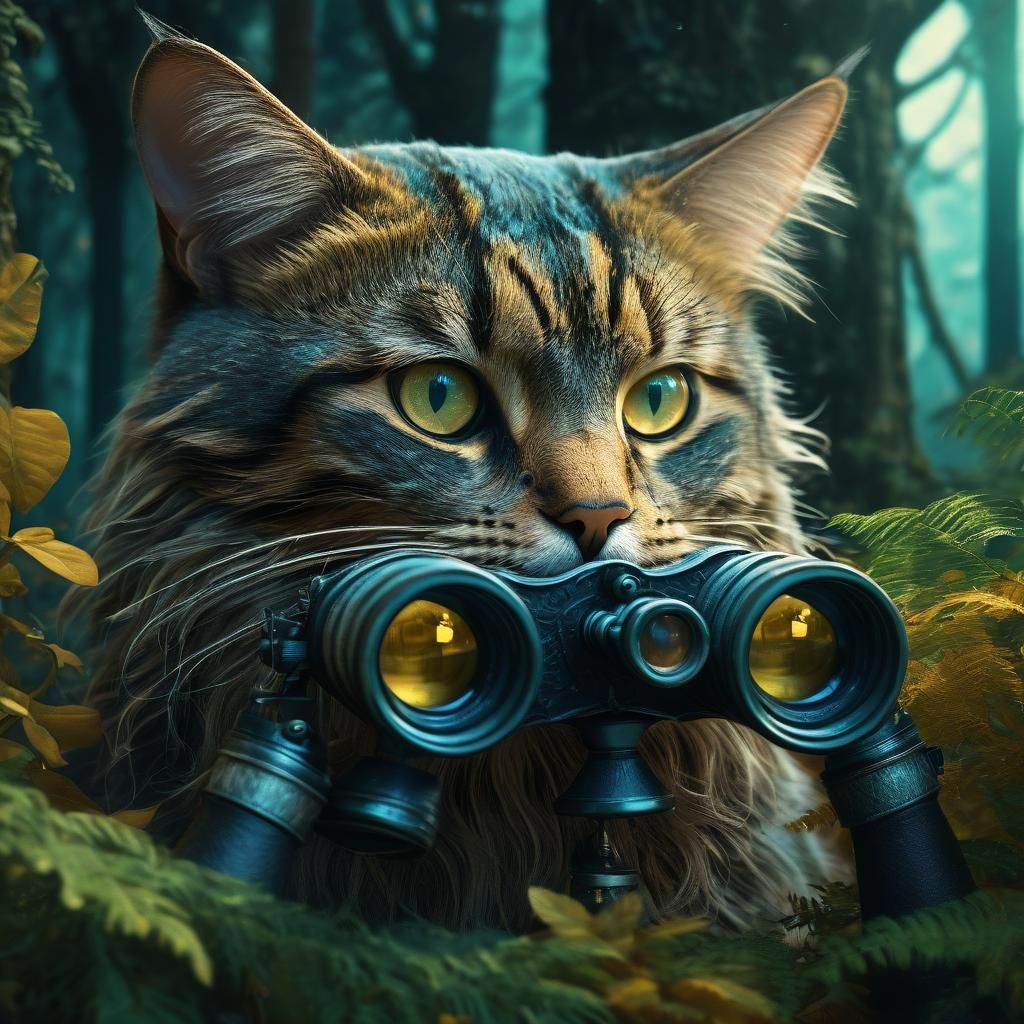 Cat with Binoculars in Mystical Forest: Digital Matte Painti...
