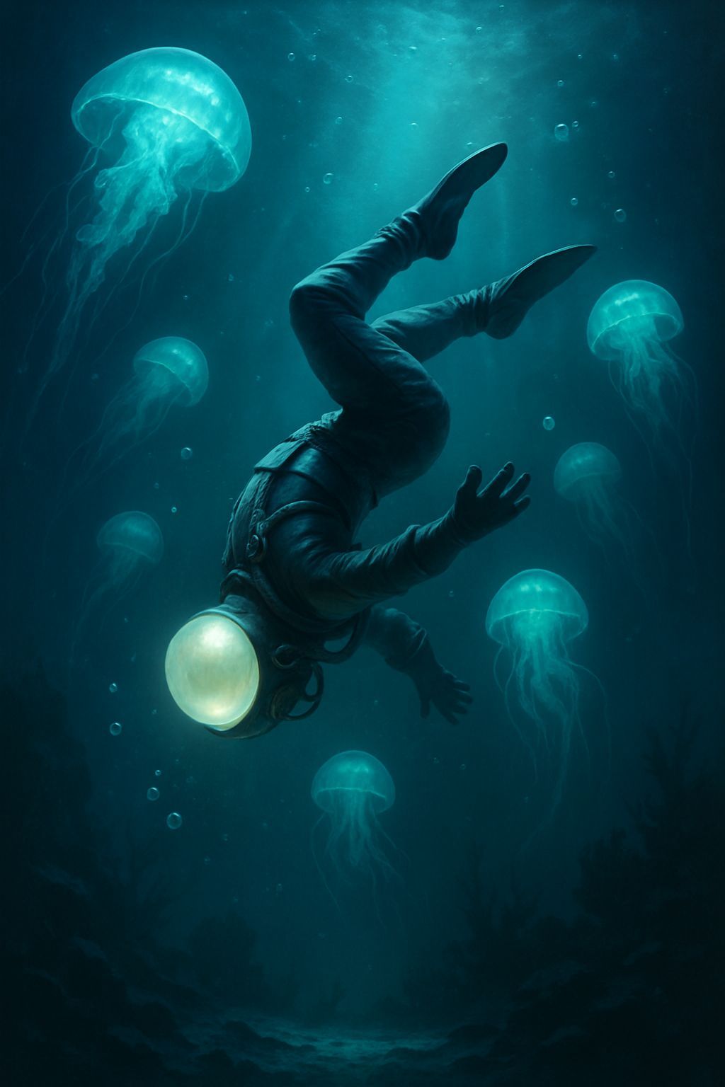 Deep-Sea Diver Backflips in Bioluminescent Abyss, Pearl Helm...
