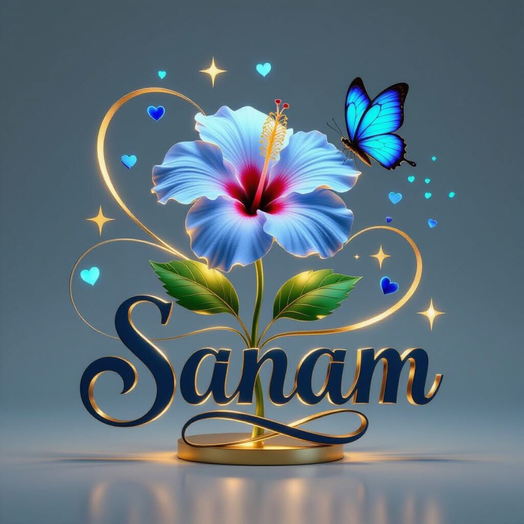 Elegant 3D Logo with Blue Hibiscus and Gold Accents