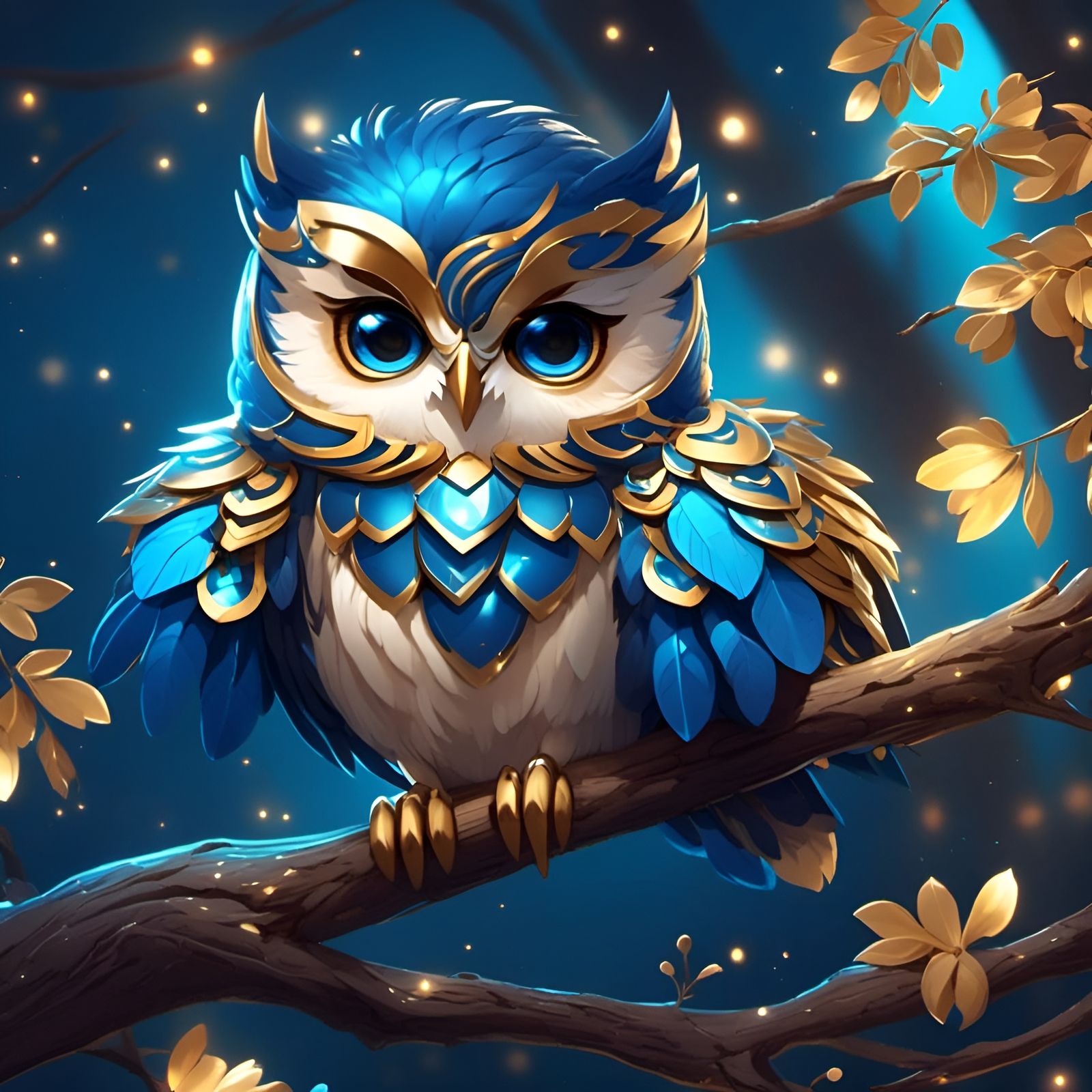 Chibi Owl with Shiny Feathers on Branch