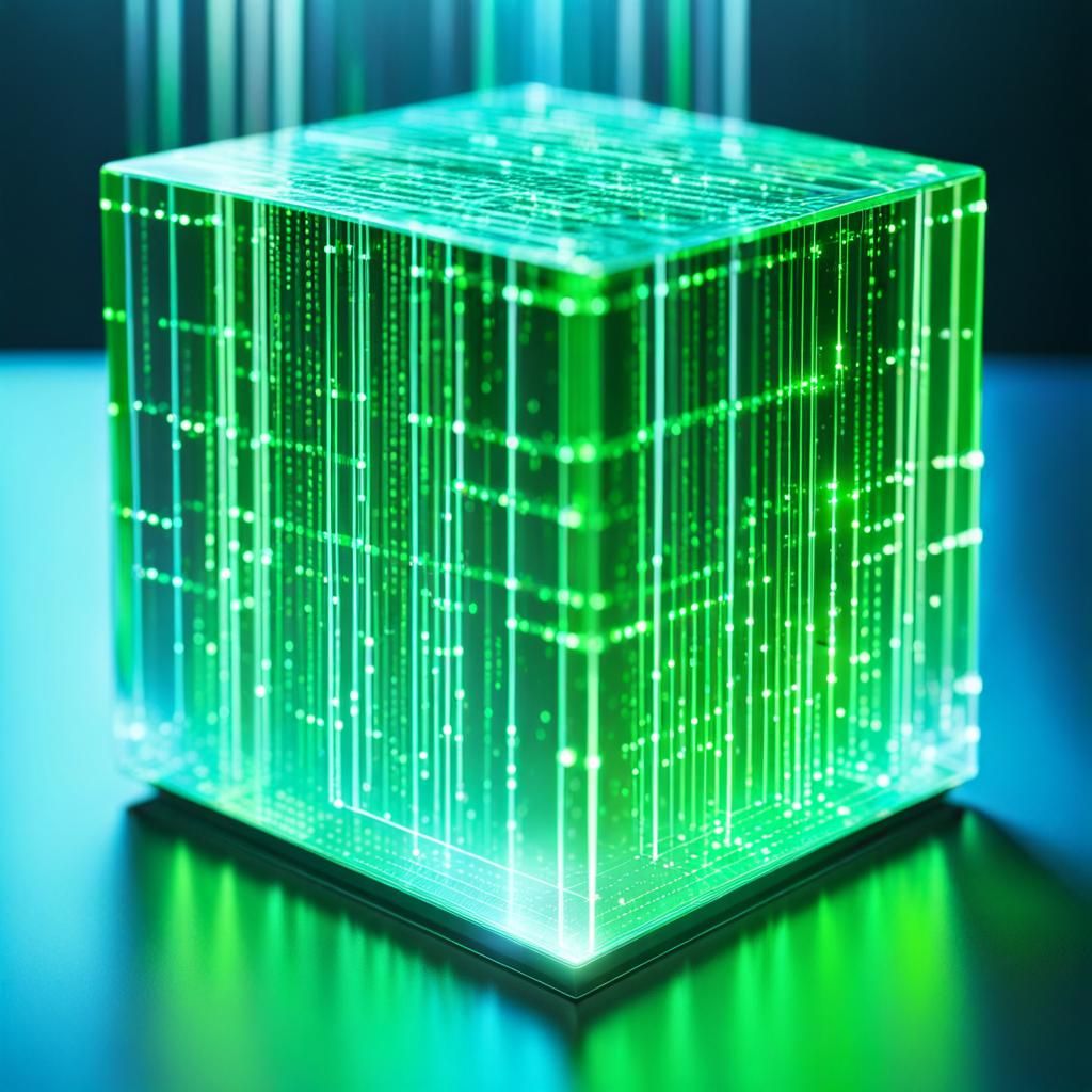 Translucent Holographic Cube in Matrix Digital Rain