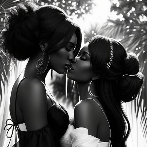 Two Black Women in Flowing Gowns Share a Romantic Kiss in th...