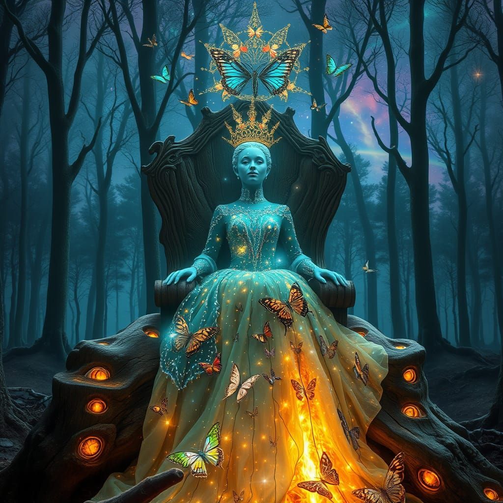 Mystical Queen in Bioluminescent Forest, Surrealist Art
