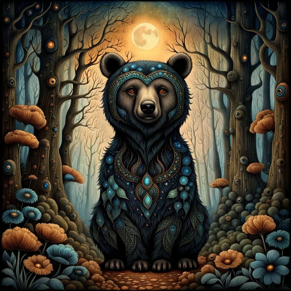 Old Bear in Enchanted Forest: Dreamlike Drawing