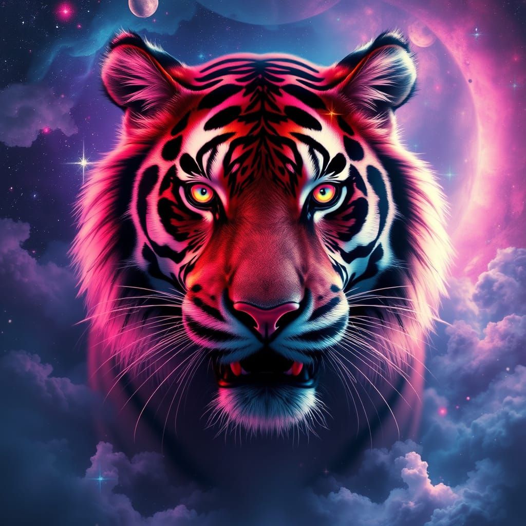 Cosmic Tiger Emerges from the Stars in Retro Airbrush