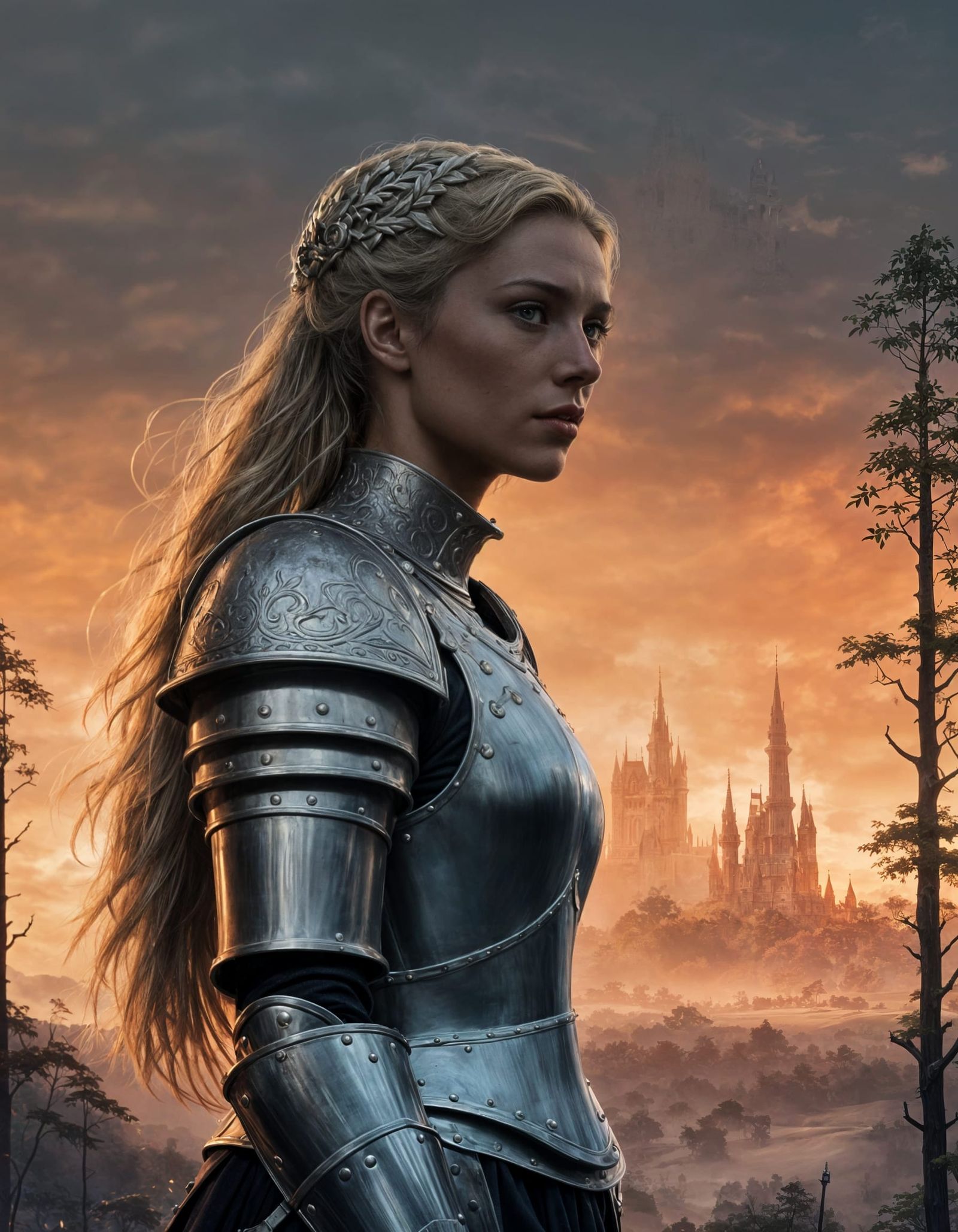 Portrait of a Female Knight in Armor Before a Castle