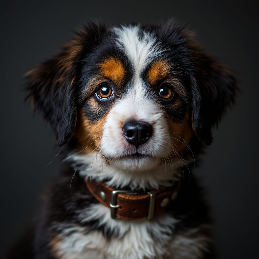 Gentle Mixed Breed Puppy Portrait in Hyper-Realistic Style