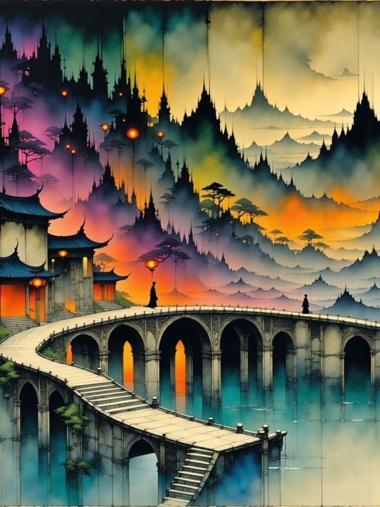 Ancient Bridge Bathed in Lantern Light and Starlight