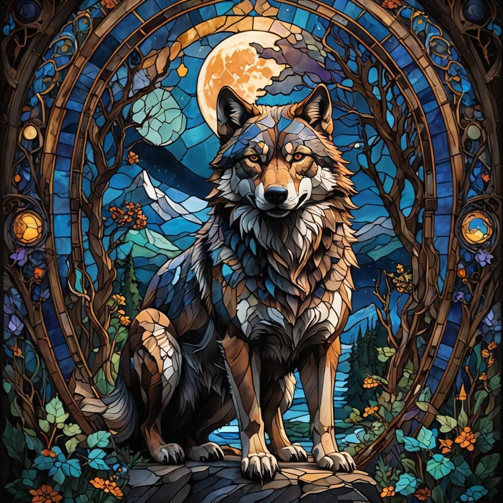 Stained Glass Wolf Howling at Moon