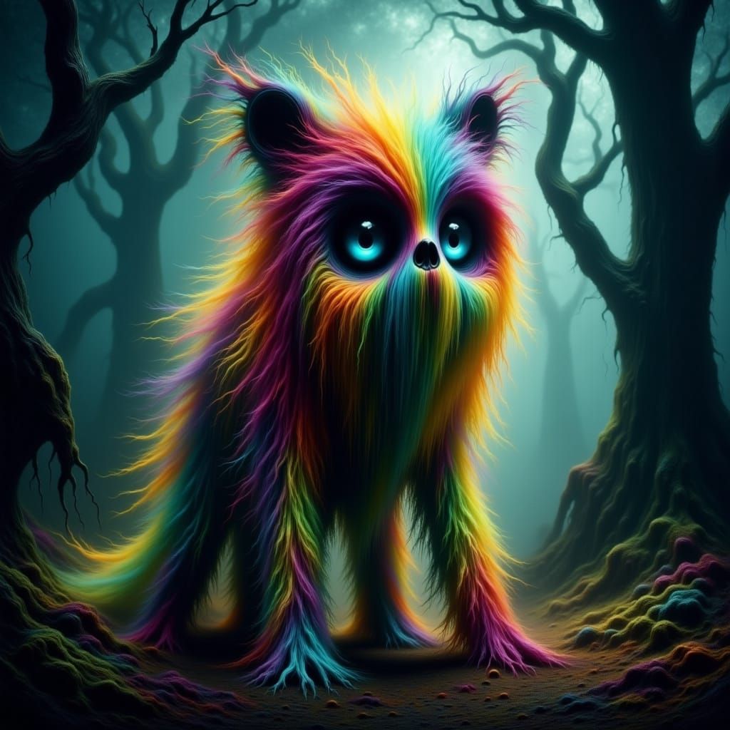 Whimsical Woodland Creature with Rainbow Locks