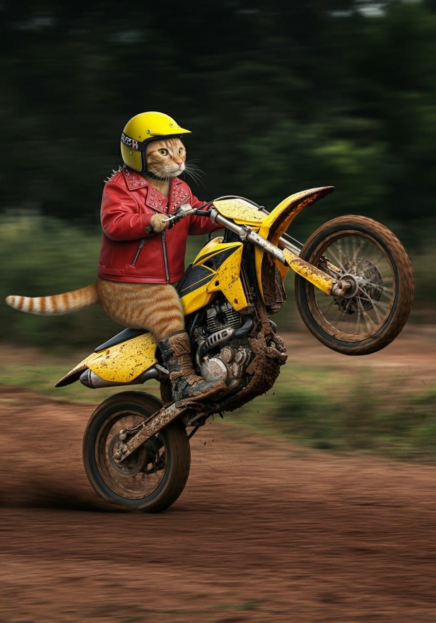 Ginger Tabby Cat Motorcycle Wheelie in Action