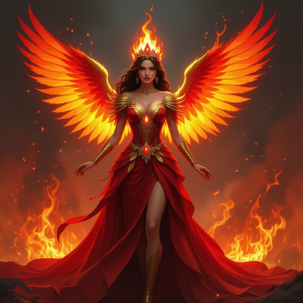 Phoenix Princess in Fiery Gown: Hyperrealistic Fantasy Art