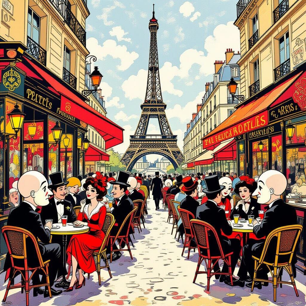 Whimsical Parisian Cafe Scene with Exaggerated Figures