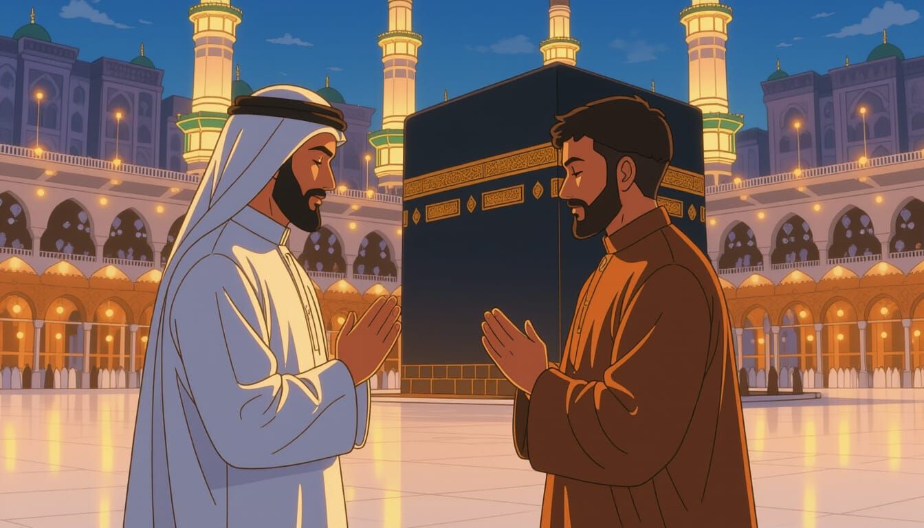 Father and Son Praying at Kaaba in Manga Style