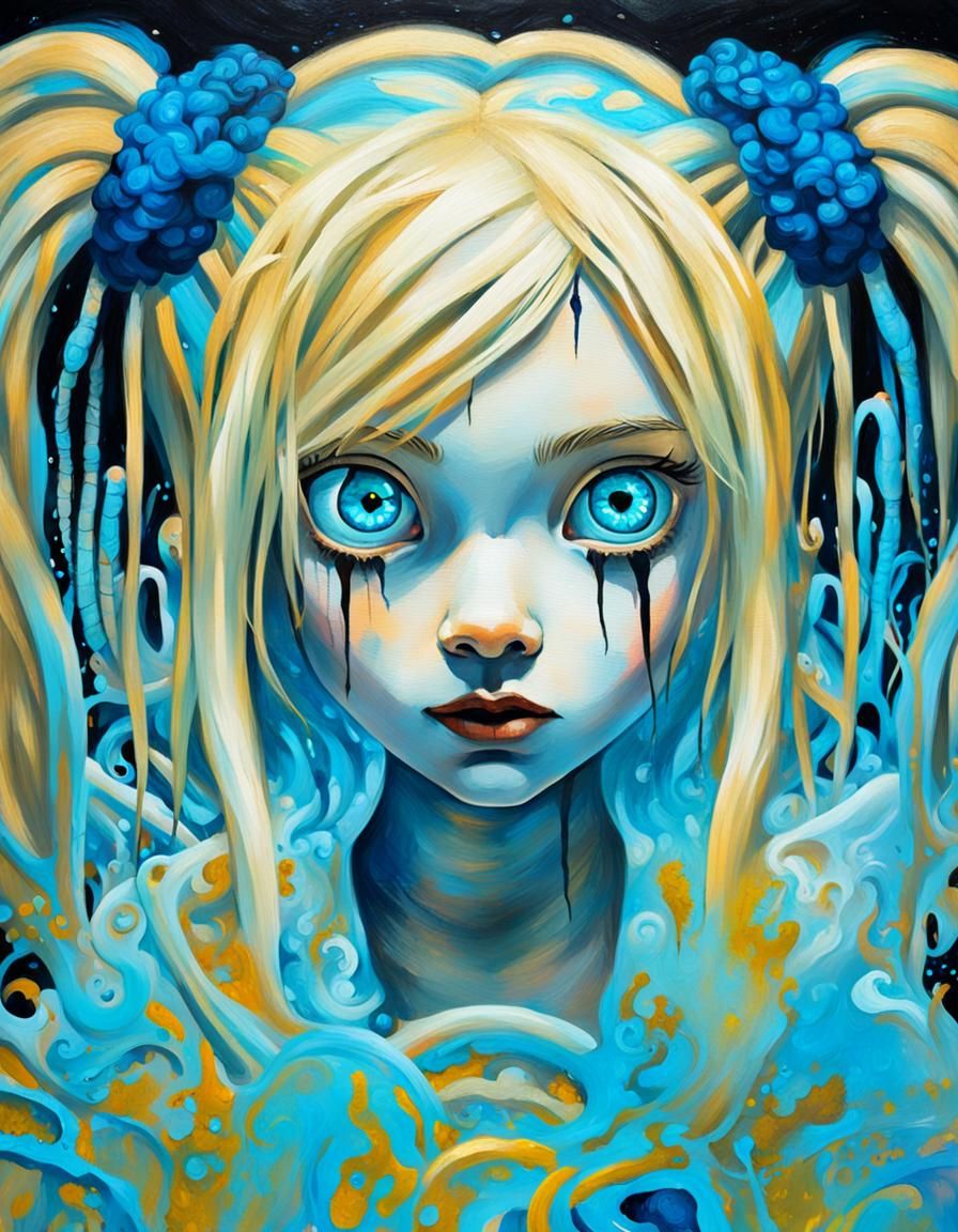 Eerie Graffiti Portrait: Blond Girl with Glowing Eyes