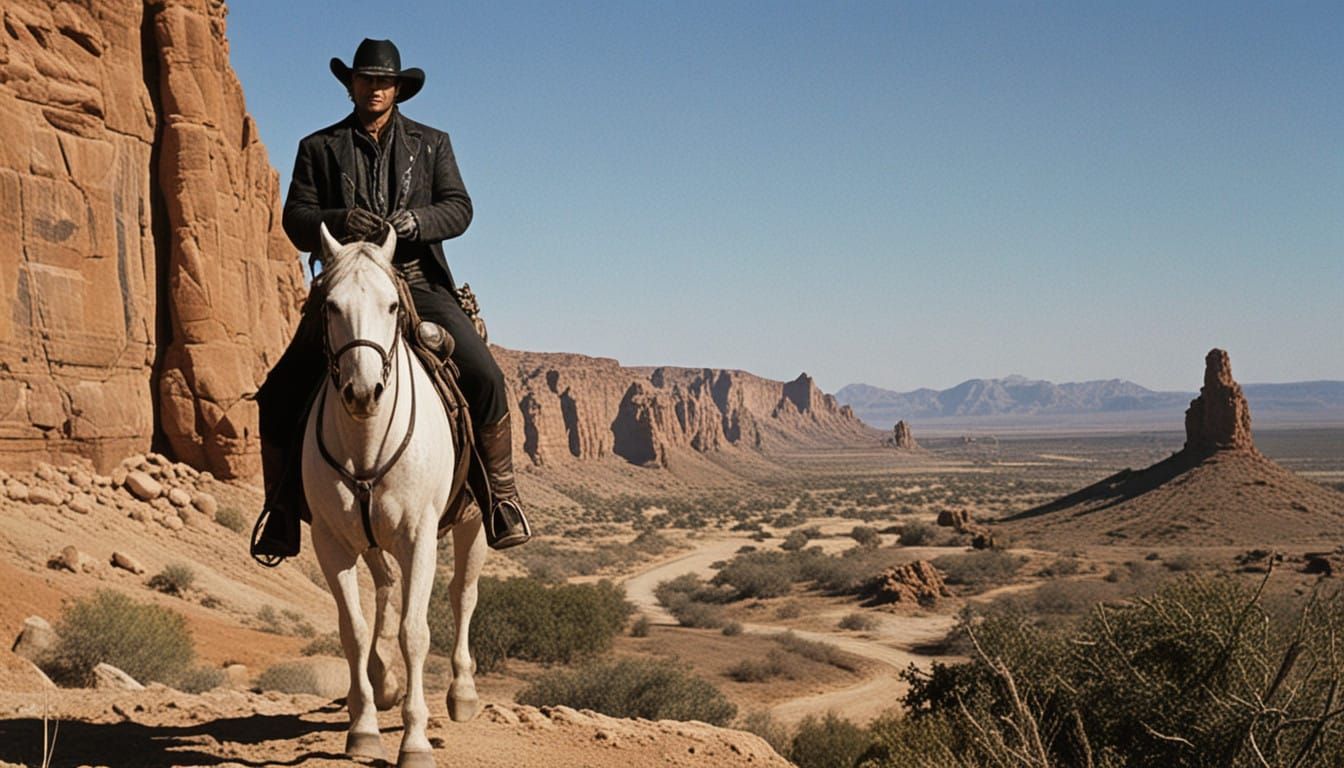 Undead Cowboy Gunslinger Rides through a Blazing Canyon Land...