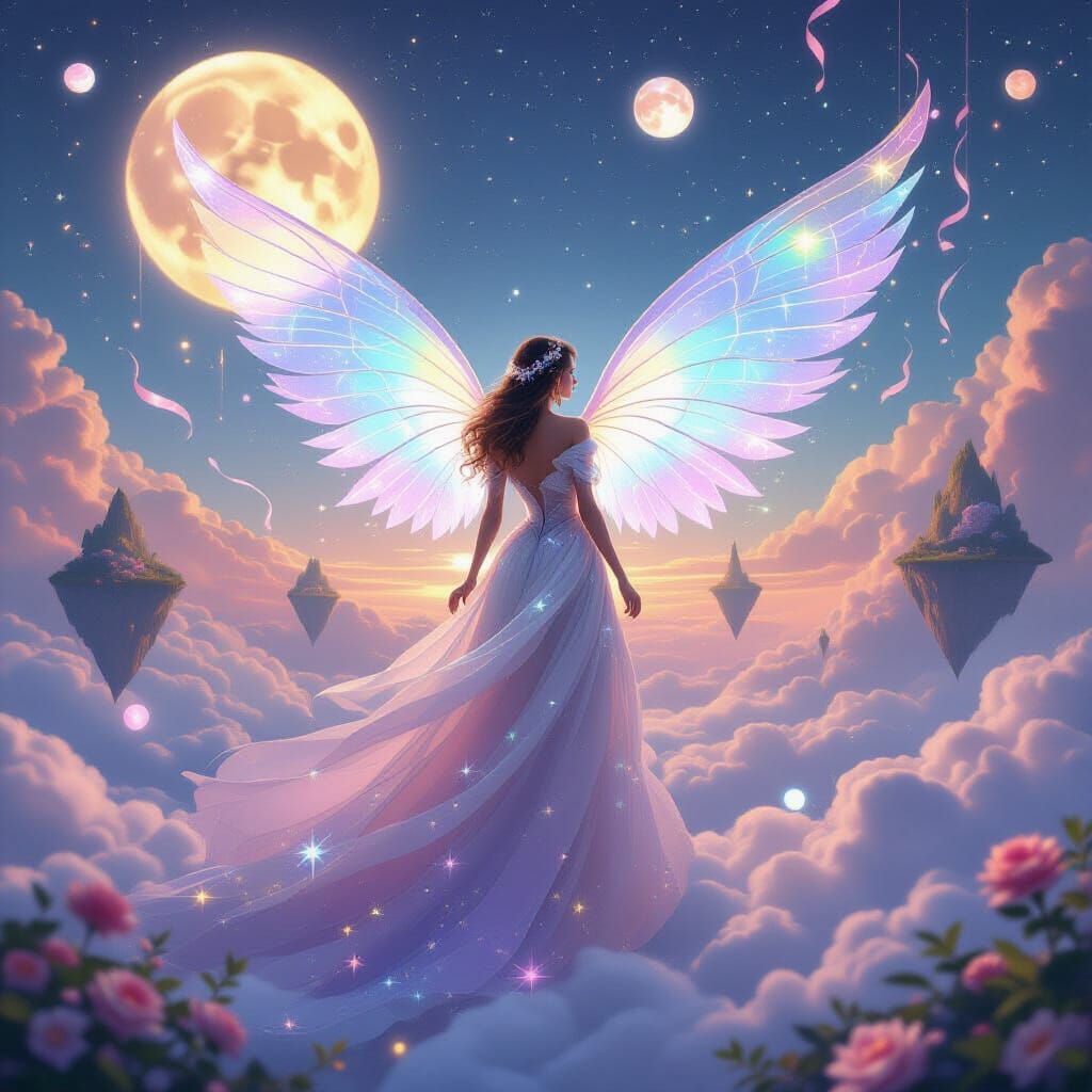 Dreamlike Woman in Gown of Stars and Flowers