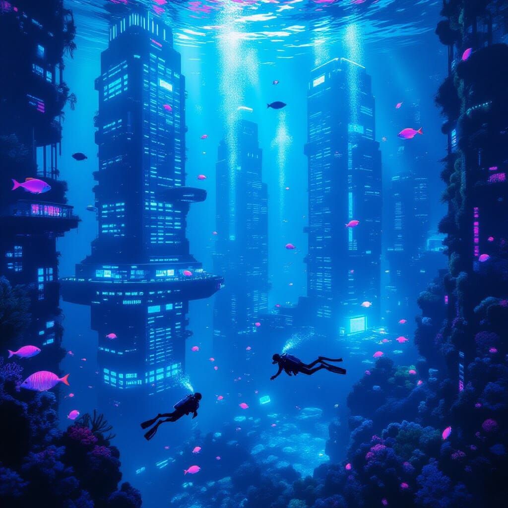 Futuristic Underwater City with Bioluminescent Life