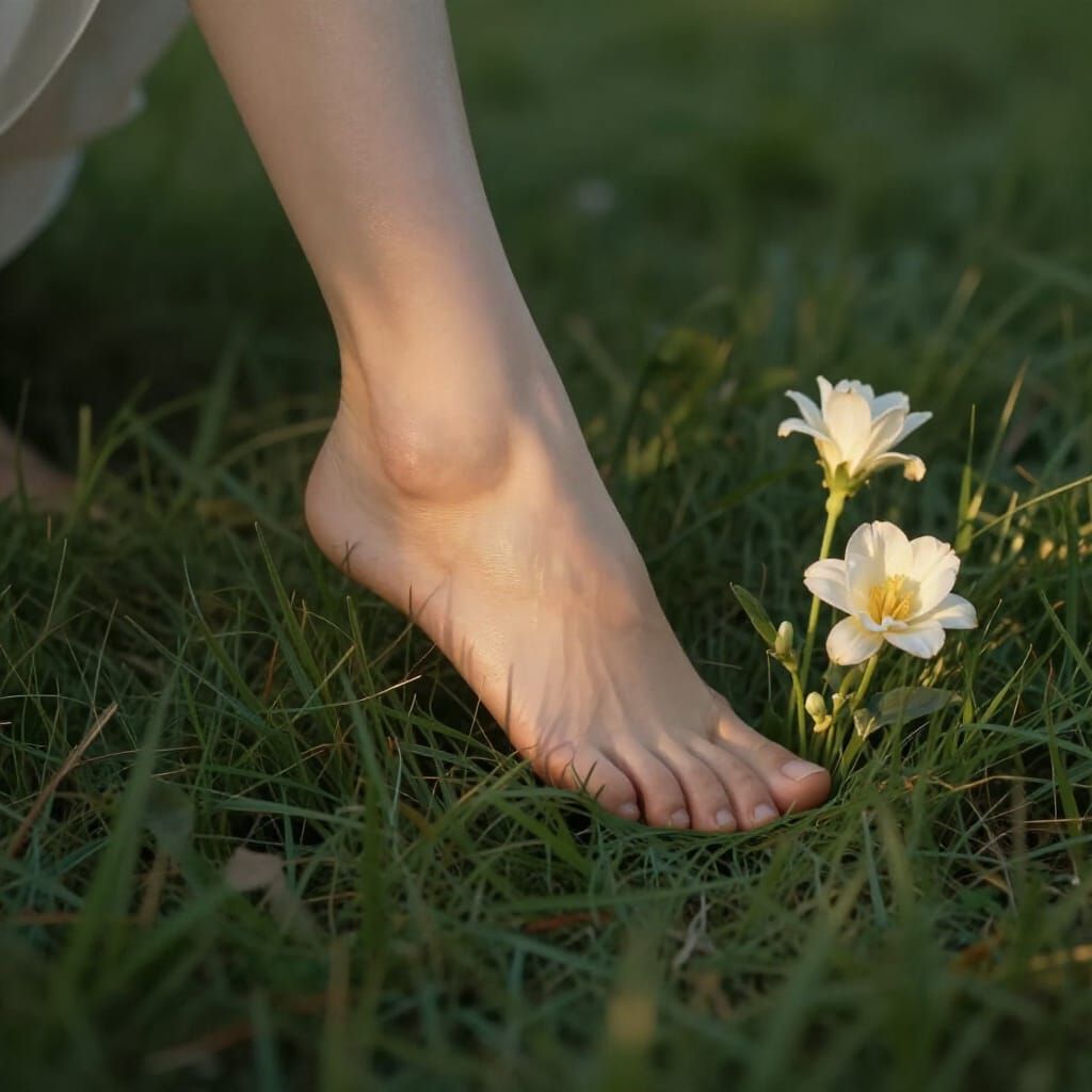 Elegant Foot Touches Grass, Flowers Bloom in Golden Light