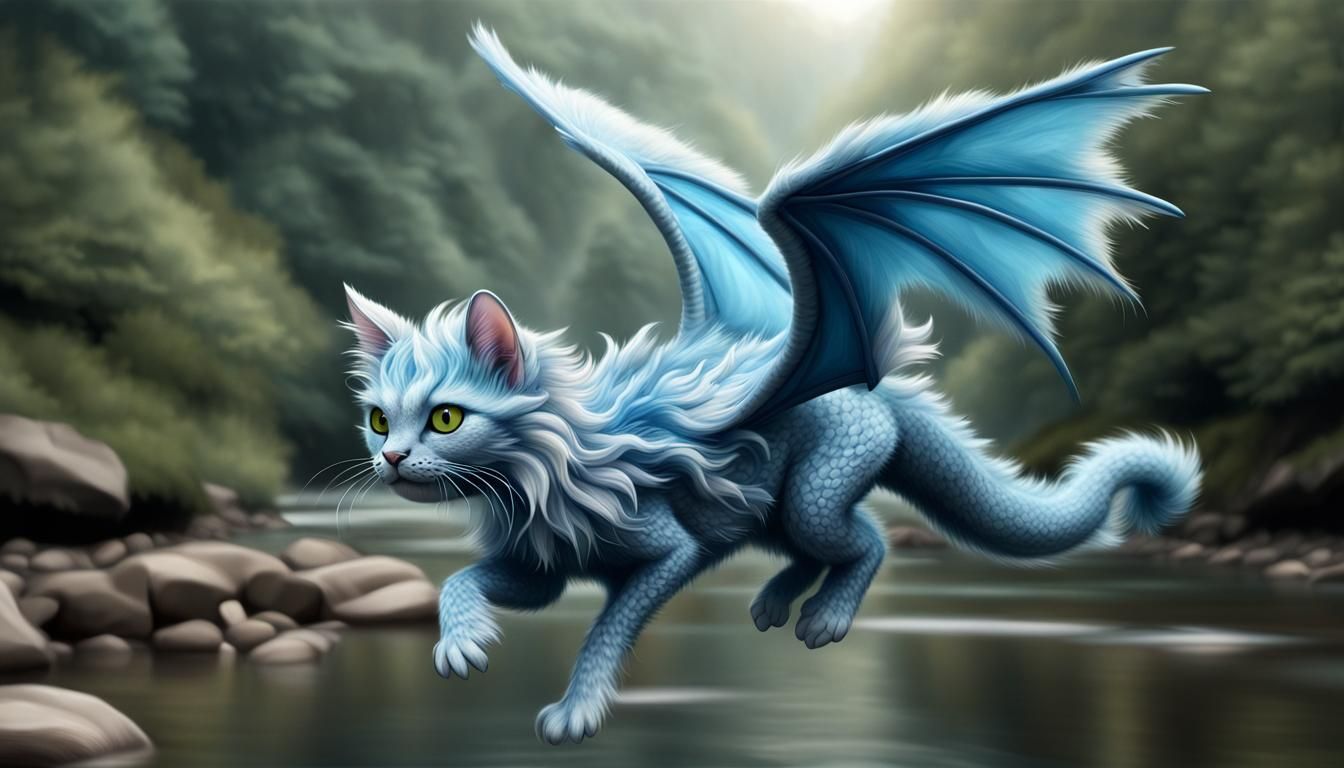 Fluffy Blue Cat-Dragon Hybrid Flying Above River