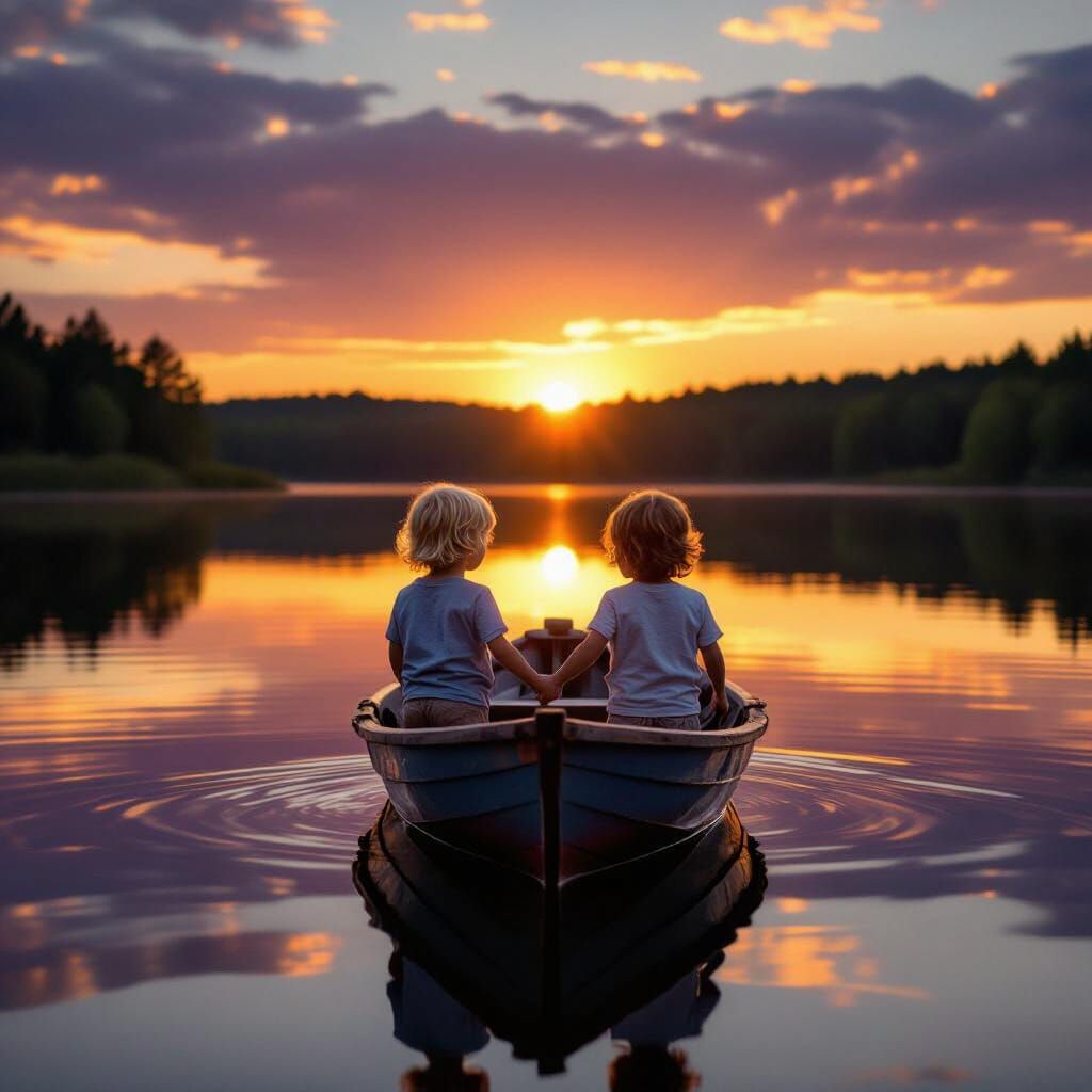 Twin Children on Sunset Boat Journey: Realistic Cinematic