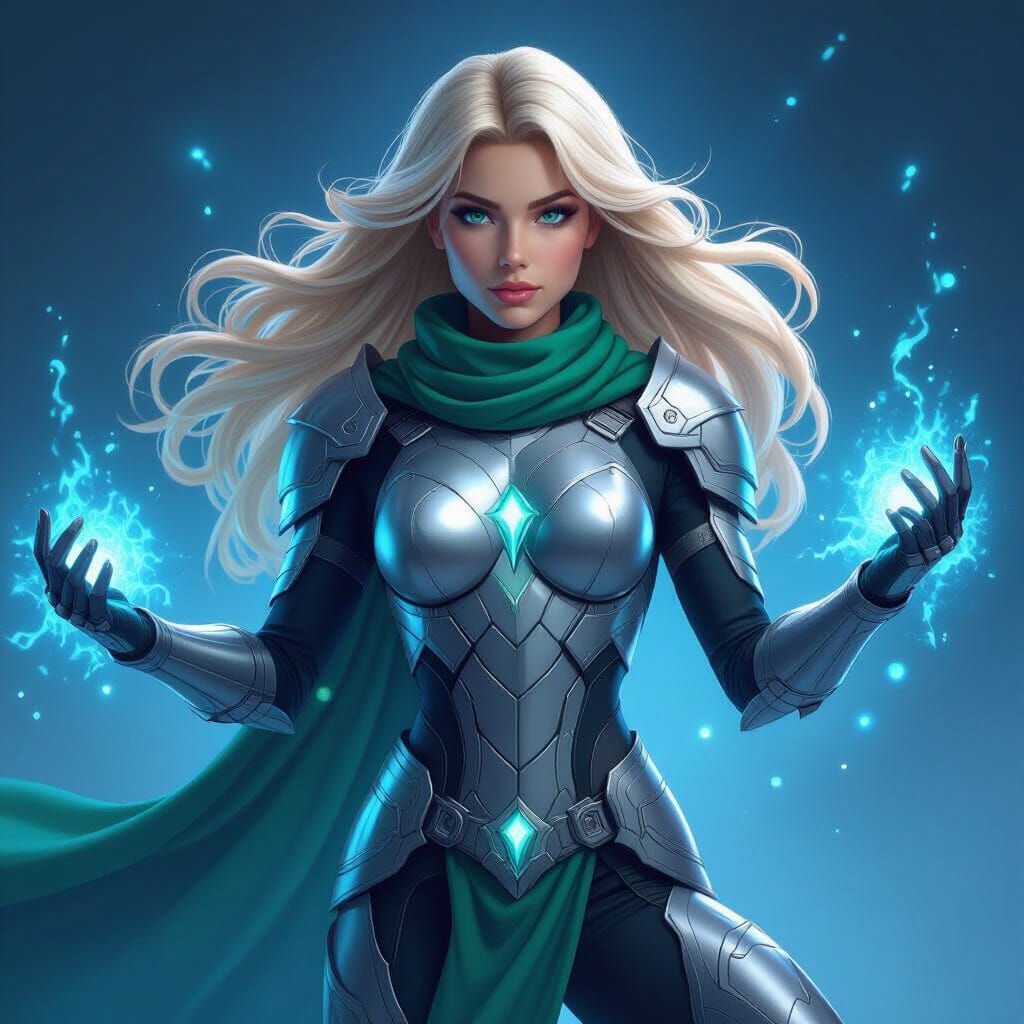 Superheroine with Green Scarf and Silver Armor