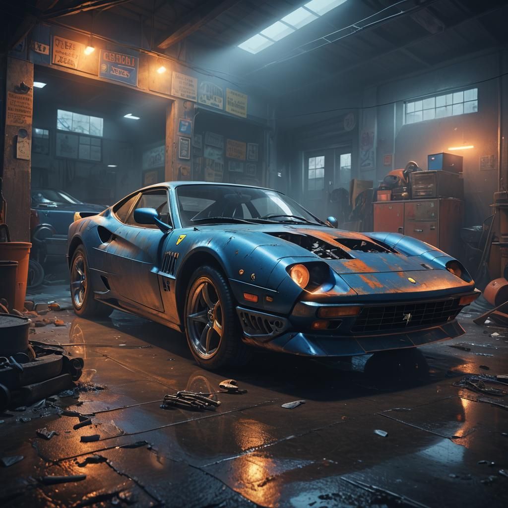 Blue Ferrari with Skeleton Wrap in Abandoned Garage