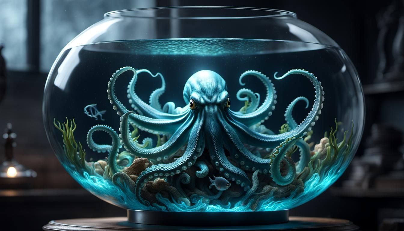 Mystical Baby Kraken in Fishbowl, Hyperrealistic 3D Art