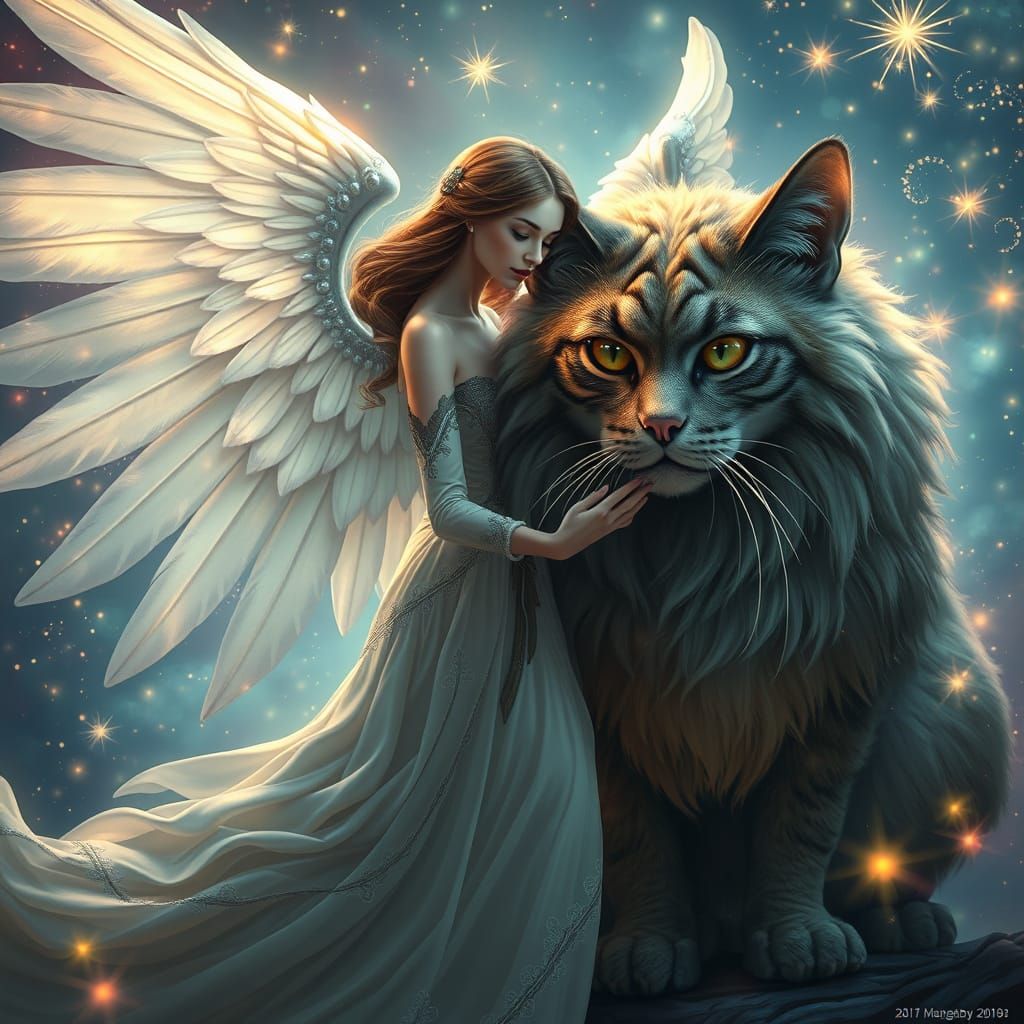 Ethereal Woman Petting Majestic Cat in Whimsical Sparkling S...